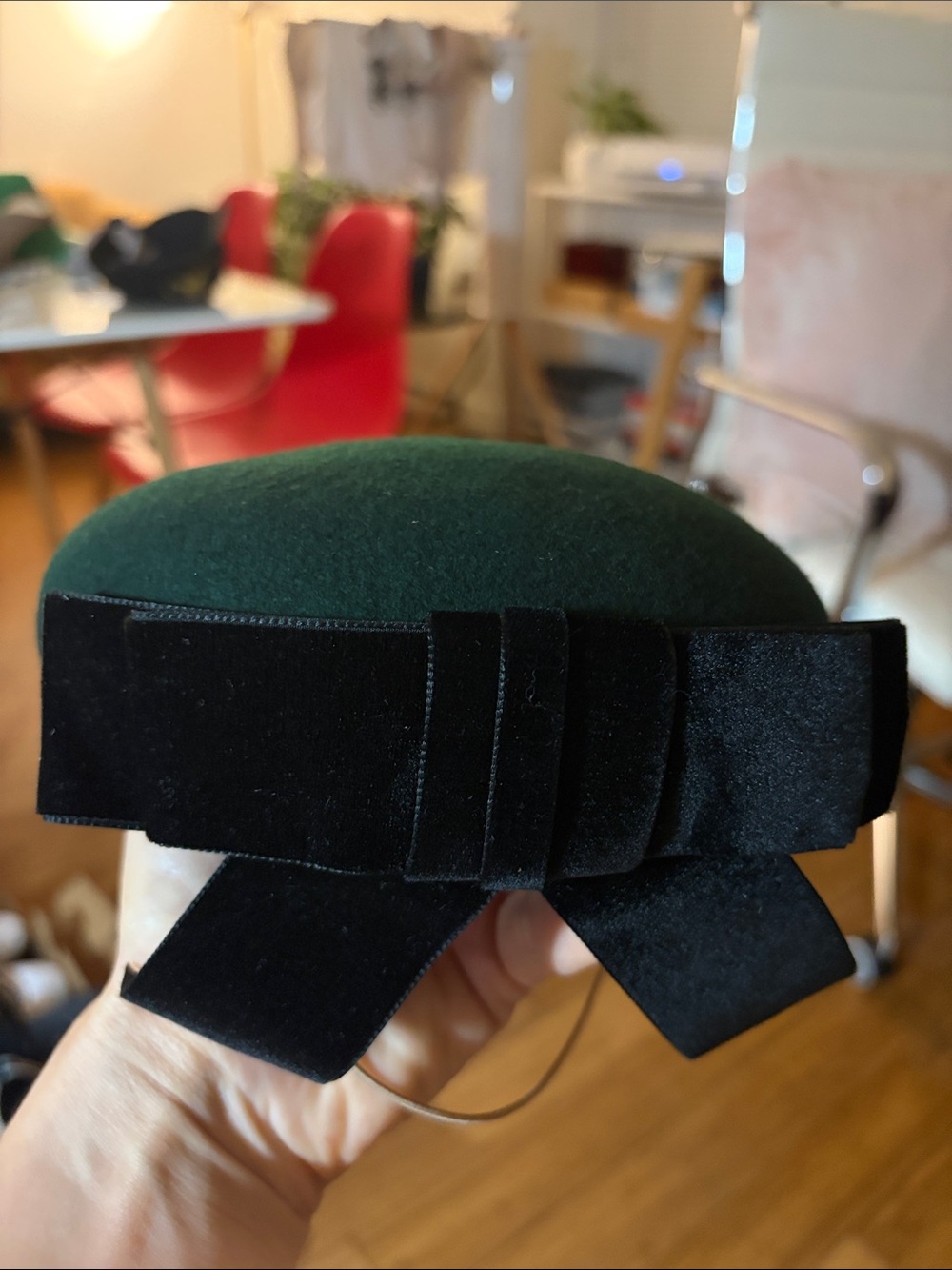 Vintage Green Wool Pillbox Hat with Black Velvet Bow - handmade in UK